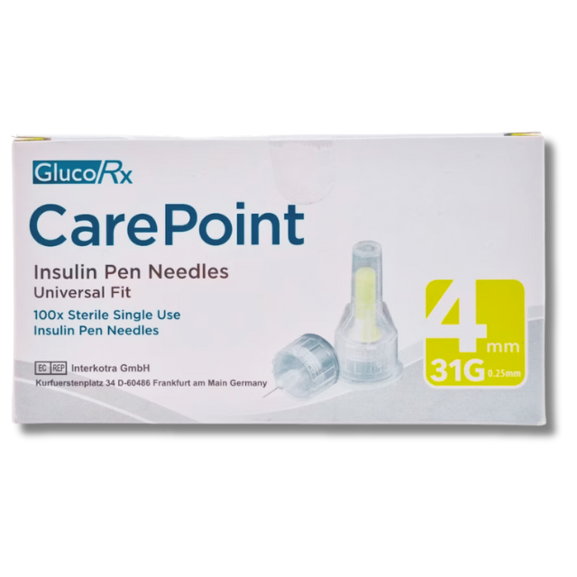 GlucoRx CarePoint 4mm / 31G Diabetic Pen Needles - Pack of 100 Needles for Easy Injection