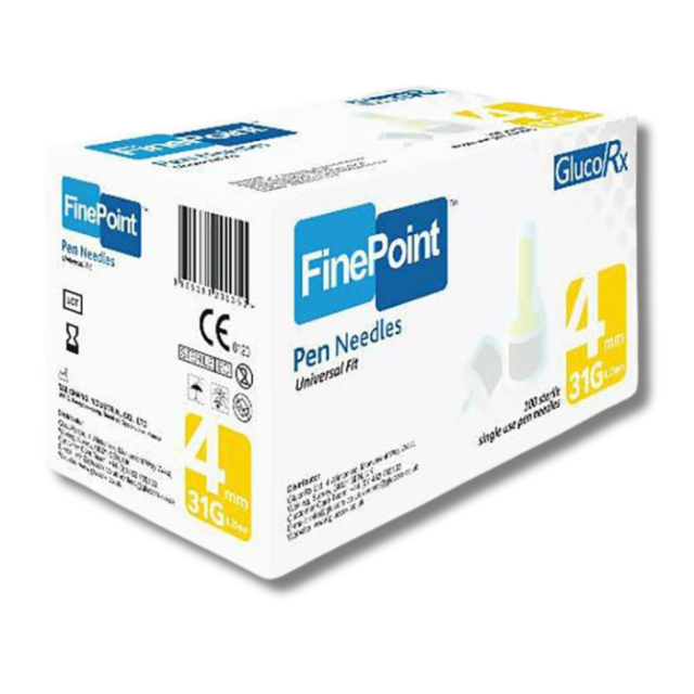 GlucoRx FinePoint 4mm / 31G Diabetic Pen Needles - Pack of 100 Needles for Precision