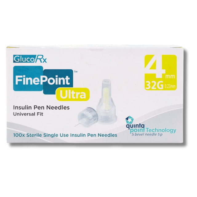 GlucoRx FinePoint 4mm / 31G Diabetic Pen Needles - Pack of 100 Needles for Precision