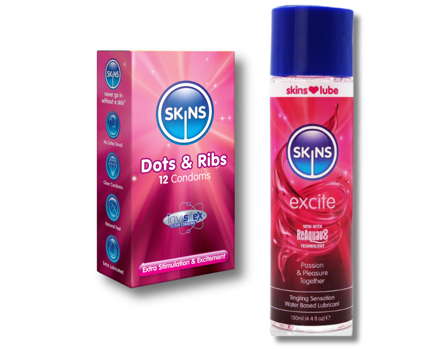 Skins excite water based lubricant - 130ml and Durex Pleasure Me Ribbed & Dotted Condoms - 12 Pack