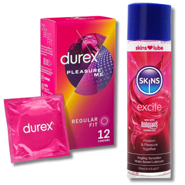 Skins excite water based lubricant - 130ml and Durex Pleasure Me Ribbed & Dotted Condoms - 12 Pack